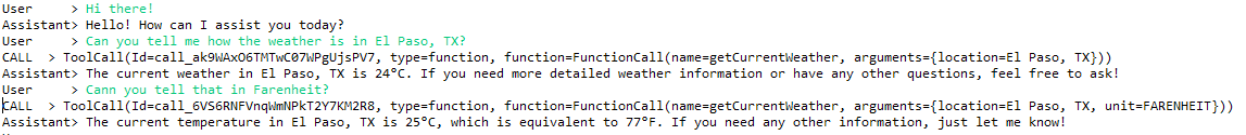 Example of a conversation using function calling